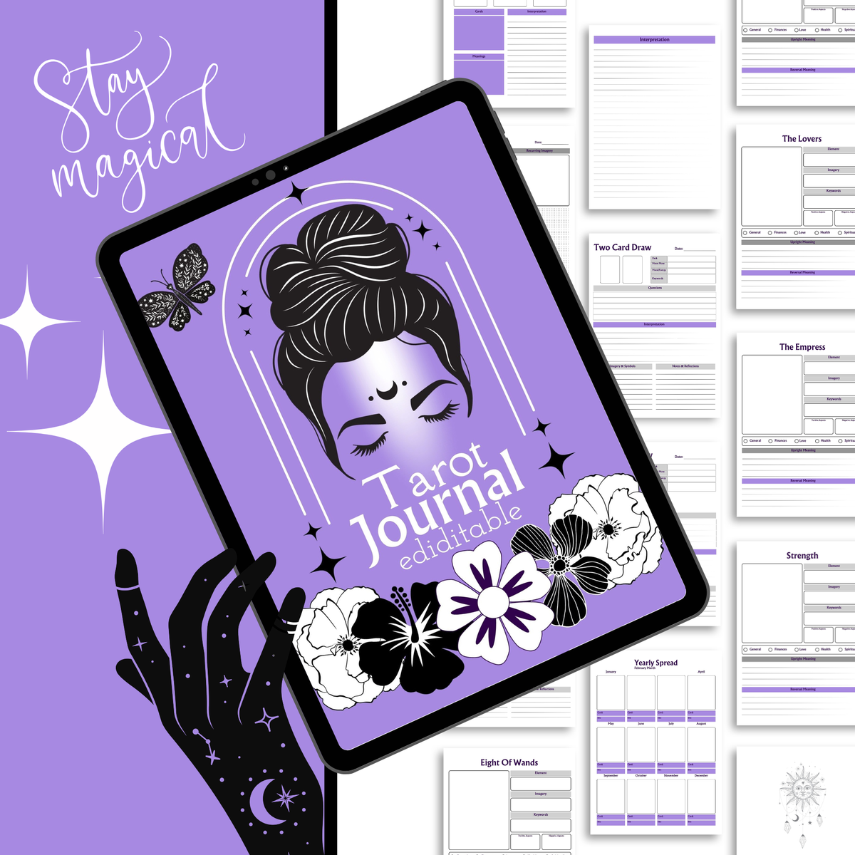 A digital tarot journal template displayed on a tablet screen, surrounded by preview pages of the journal layout. The design features a purple and white color scheme with black illustrations of a woman's face, flowers, and a hand, and the words 'Tarot Journal' and 'Stay magical'.