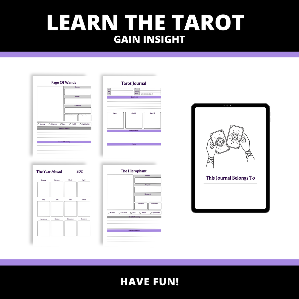 Digital tarot journaling kit preview with six printable worksheet pages and a tablet showing a journal cover, under the heading 'LEARN THE TAROT GAIN INSIGHT' and 'HAVE FUN!'.