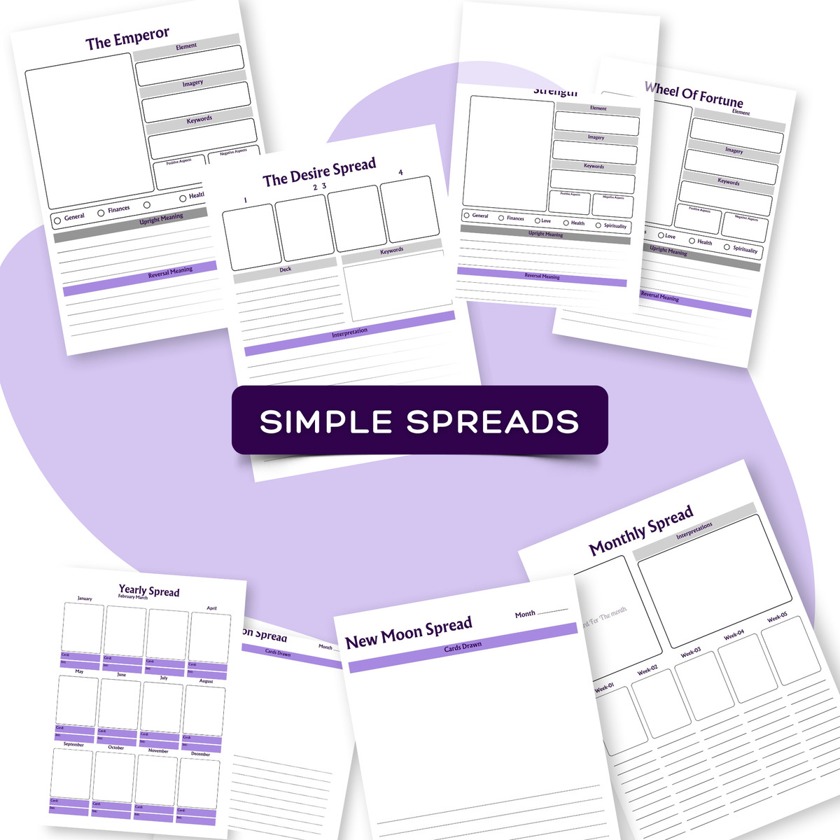 A collage of planner-style spreadsheet pages with purple headers and gray form boxes, arranged on a white background with a large lavender oval behind the center. A dark purple banner in the middle reads “SIMPLE SPREADS.
