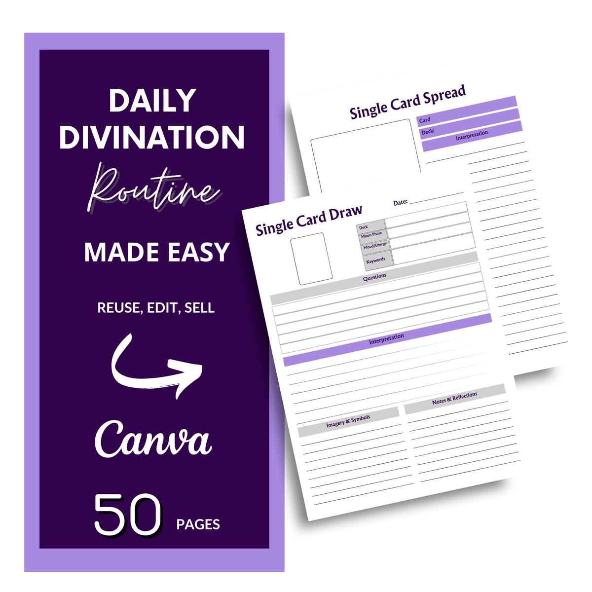 Digital product preview for a Canva daily divination routine planner, showing a purple promotional panel and two sample printable pages: a Single Card Spread and a Single Card Draw, on a white background.
