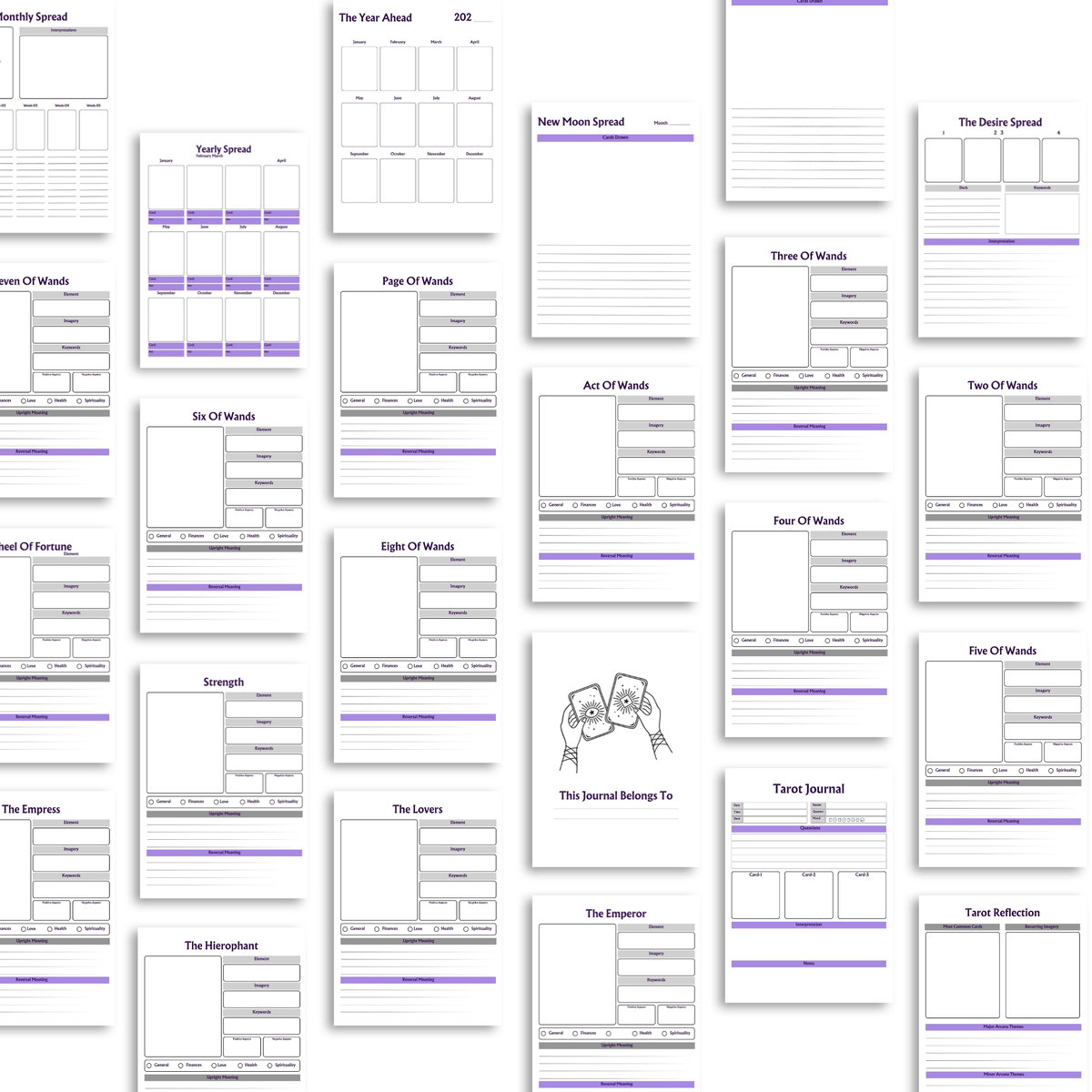 A collage of multiple white planner or journaling page templates arranged on a white background, with purple header accents and black text. The pages include spreads, weekly, monthly, and daily tracking layouts, plus one page with a small illustration of hands holding cards.