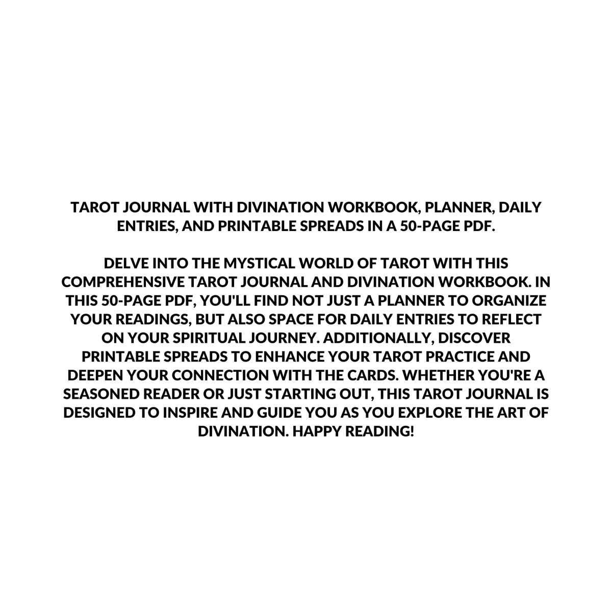 A digital cover page for a tarot journal PDF, featuring black text on a solid white background.