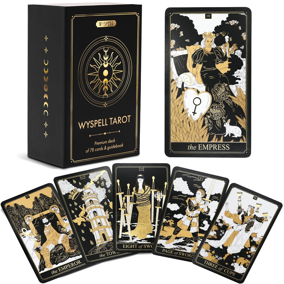 Wyspell Tarot card set with tarot cards and packaging on a white background