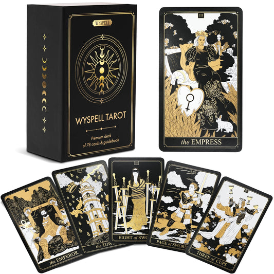 Wyspell Tarot card set with tarot cards and packaging on a white background