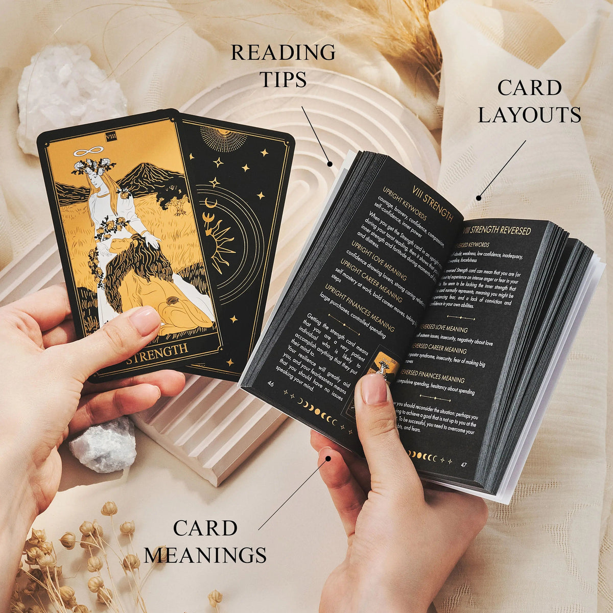 Tarot cards with text labels on reading tips, card layouts, and card meanings.